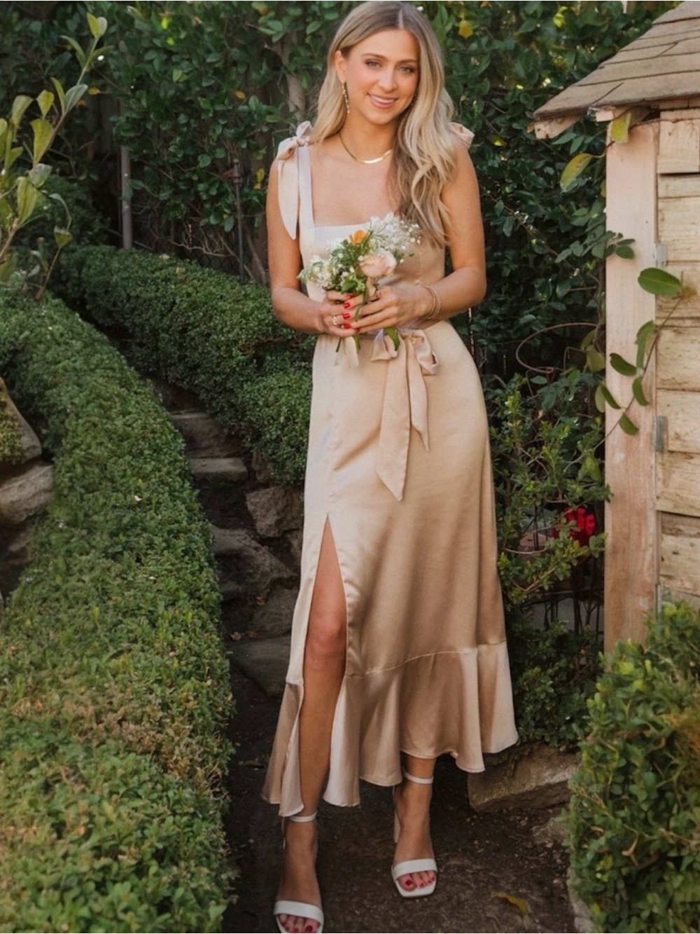 Show Me Your Mumu Claire Midi Dress | Champagne Satin Midi | Bridesmaid Dress